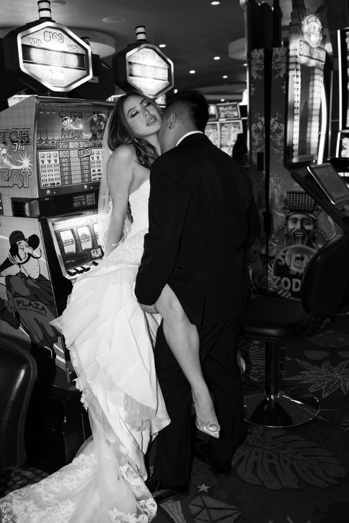 Bride and grooms portraits at The Fremont Street Casino