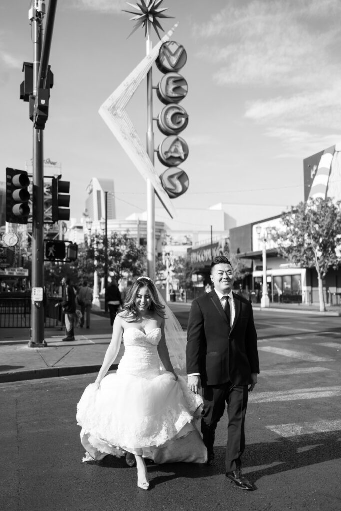 Bride and groom portraits on Fremont Street in Las Vegas