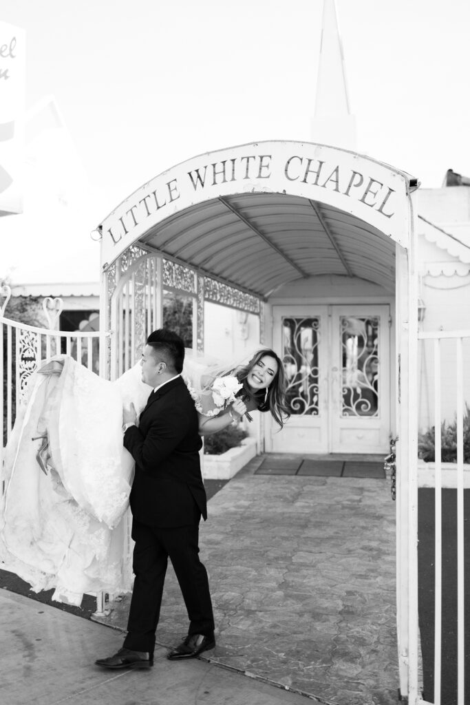 Bride and grooms elopement portraits at The Little White Chapel in Las Vegas