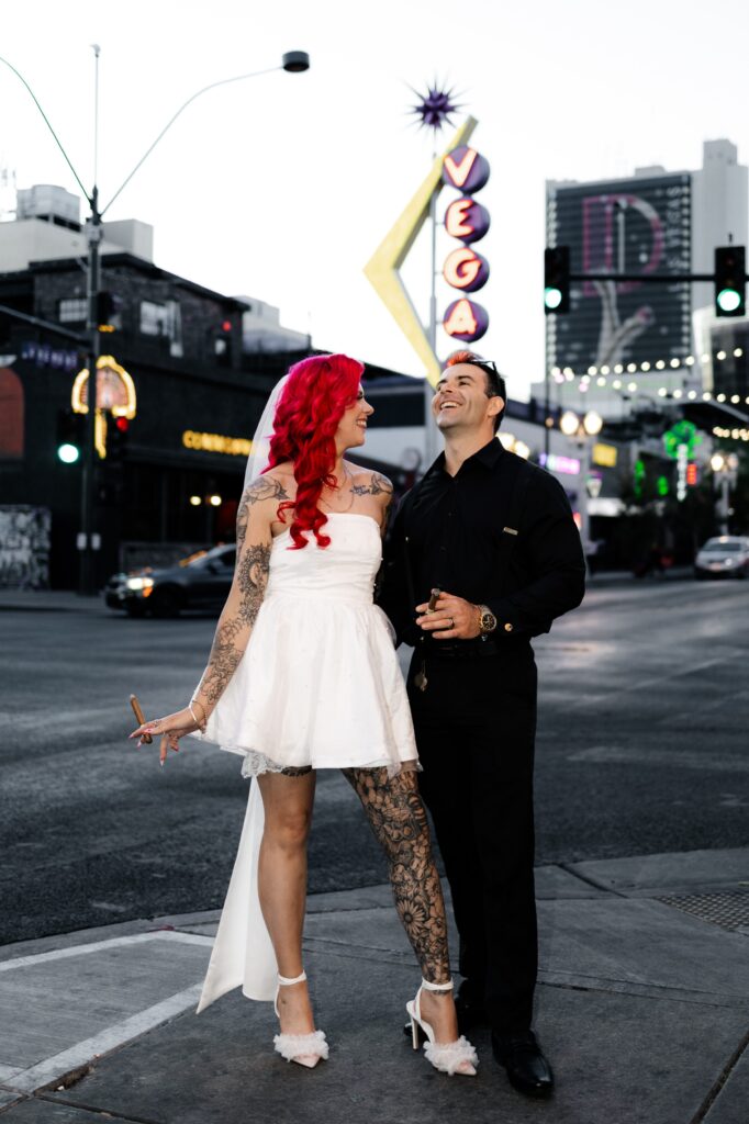 Bride and groom portraits on Fremont Street