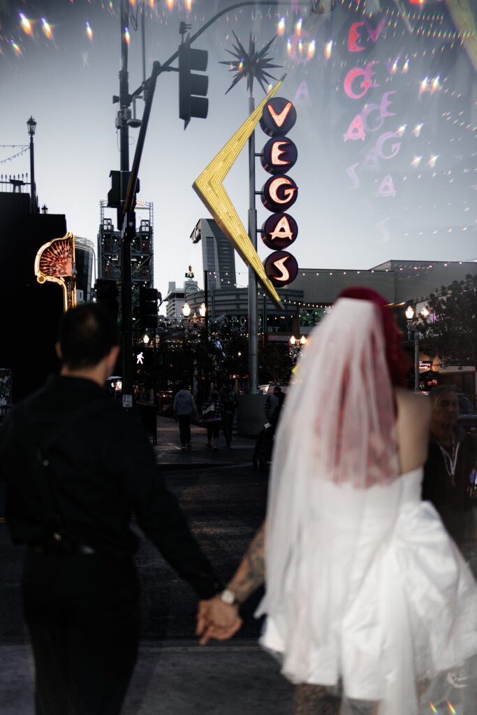 Bride and groom portraits on Fremont Street