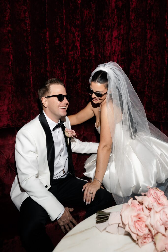 Couple posing for portraits during their Las Vegas elopement.