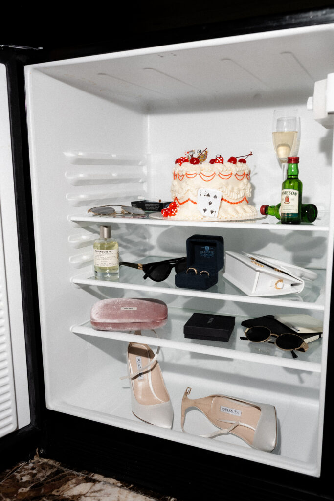 Las Vegas elopement details styled inside of a mini fridge. 