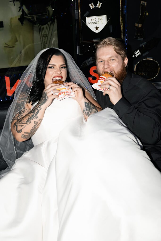 Bride and groom eating In-N-Out after their Vegas elopement