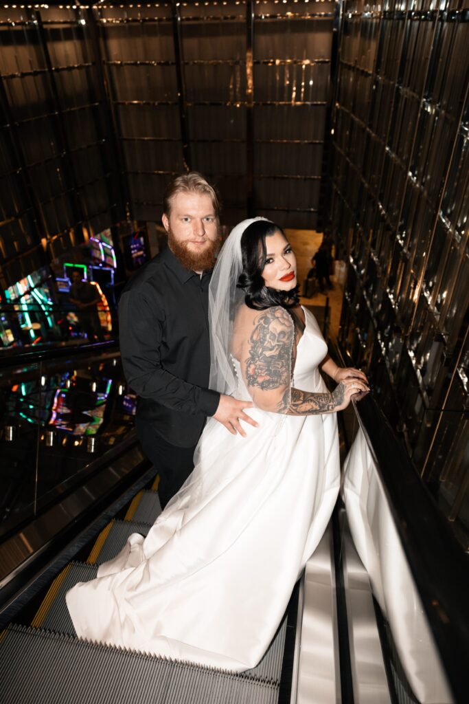 Bride and groom portraits on an escalator
