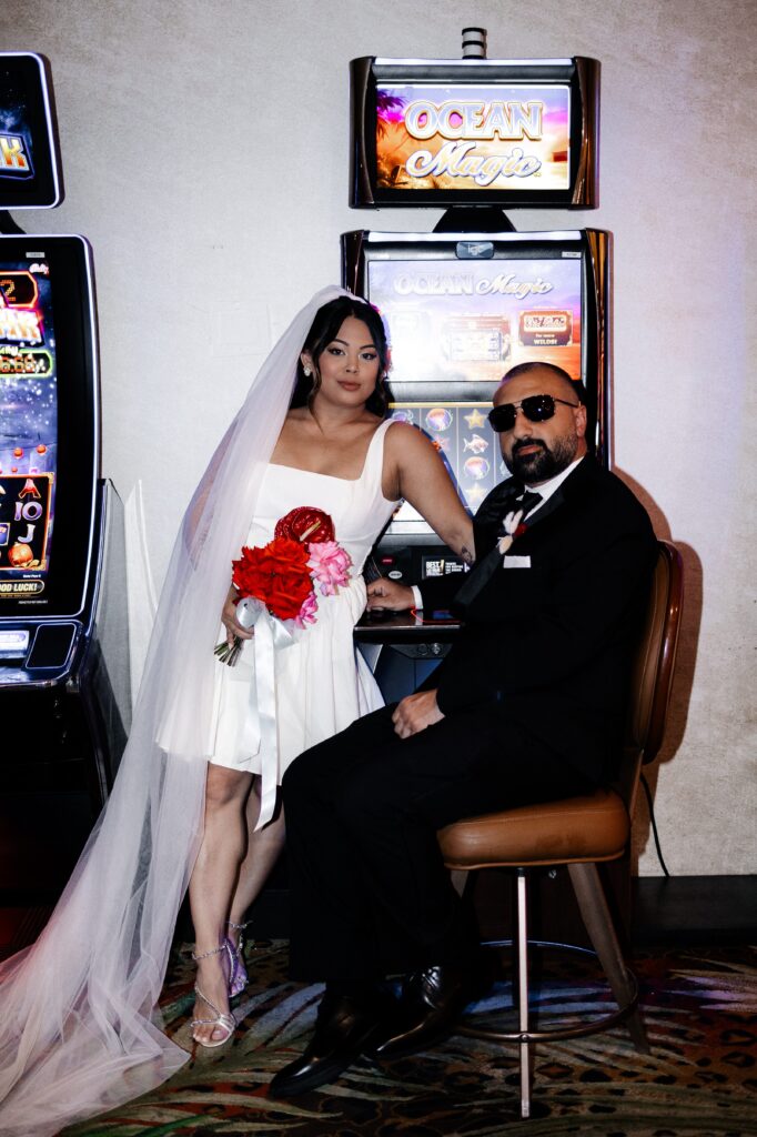 Bride and groom at the casino in Vegas for portraits