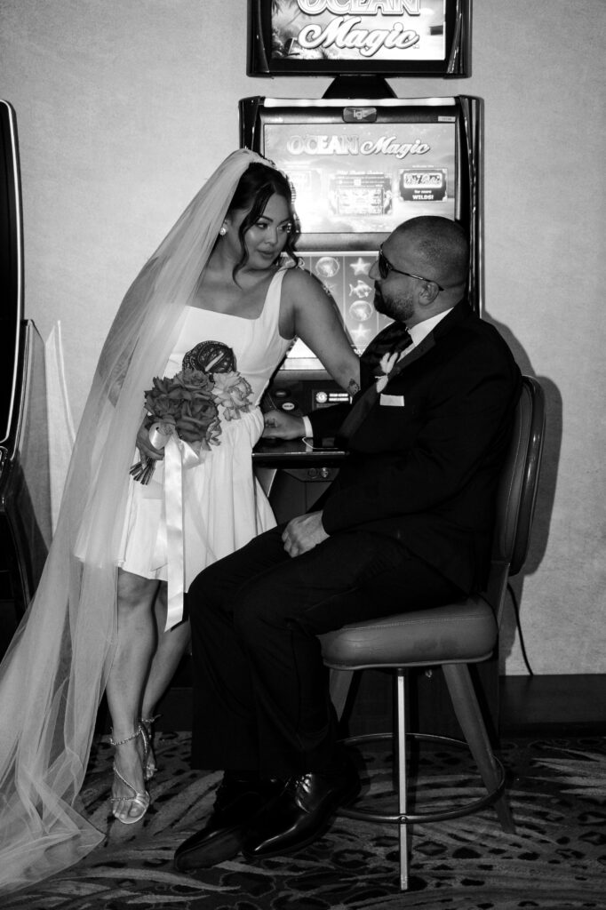 Bride and groom at the casino in Vegas for portraits