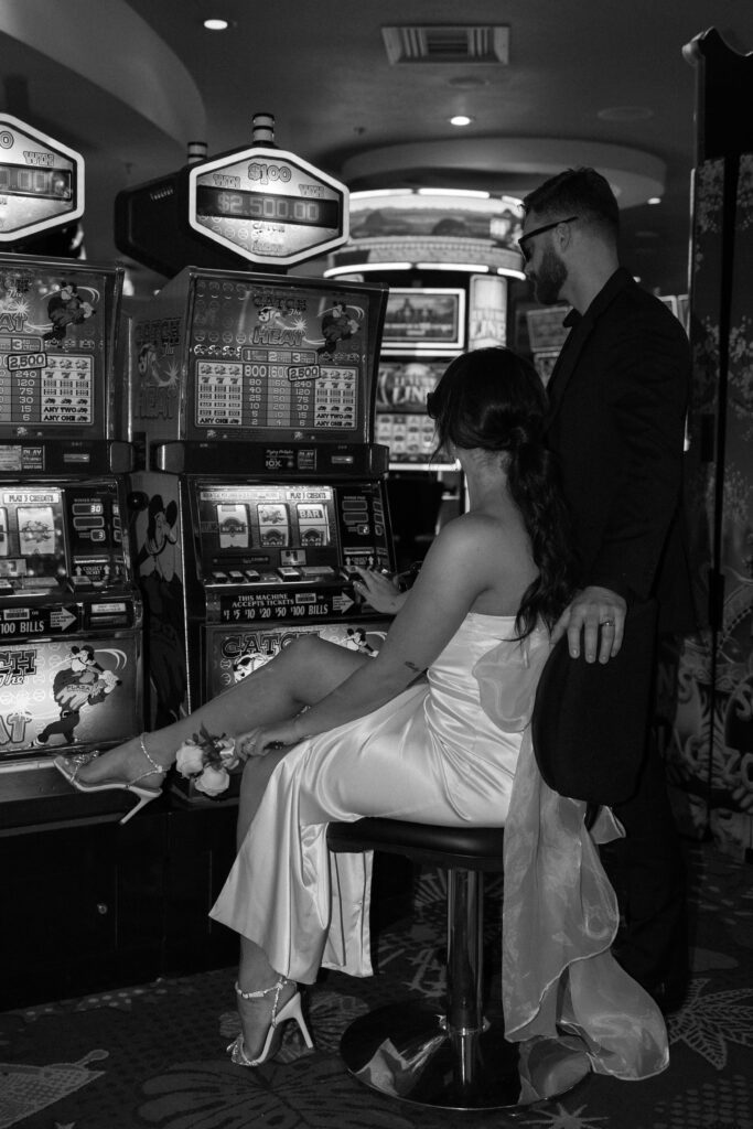 Bride and groom portraits at the casino after their elopement in Las Vegas