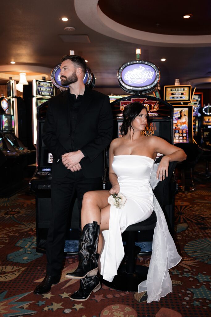 Bride and groom portraits at the casino after their elopement in Las Vegas