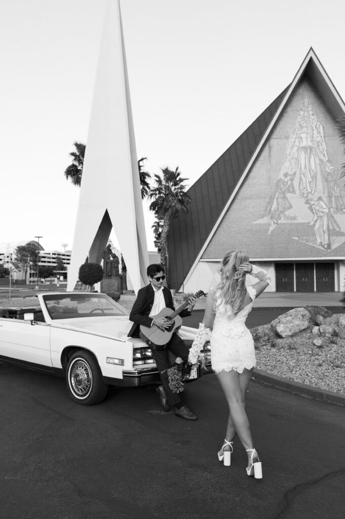 Bride and groom portraits from a vintage Vegas elopement at The Guardian Angel Cathedral