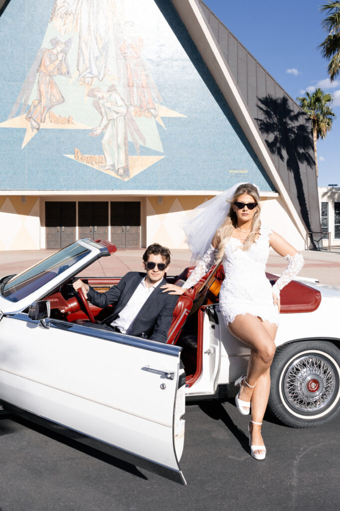 Bride and groom portraits from a vintage Vegas elopement at The Guardian Angel Cathedral