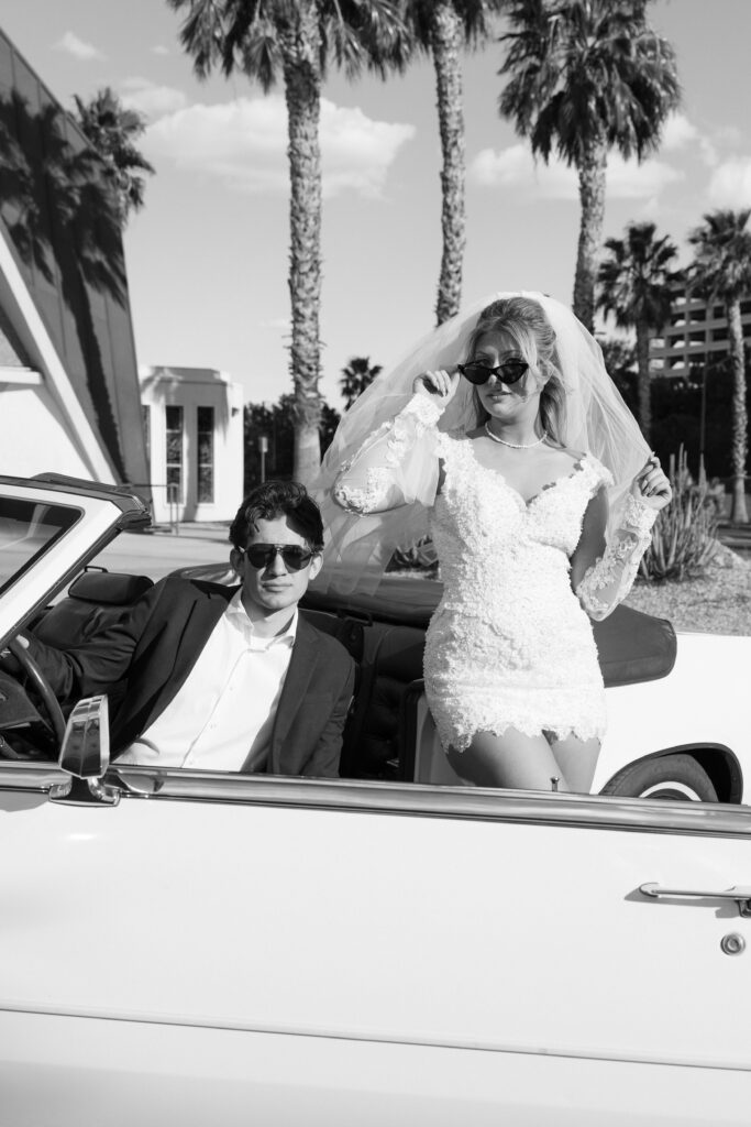 Black and white photos of a bride and groom in Vegas
