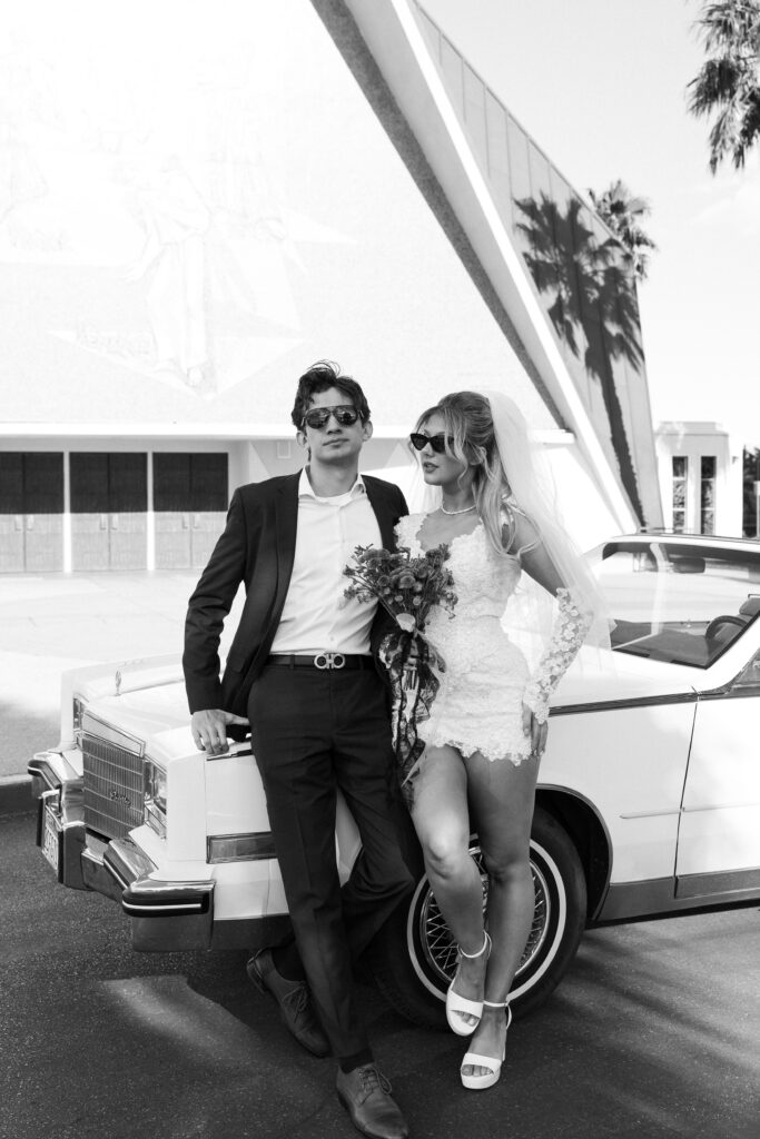 Black and white photos of a bride and groom in Vegas