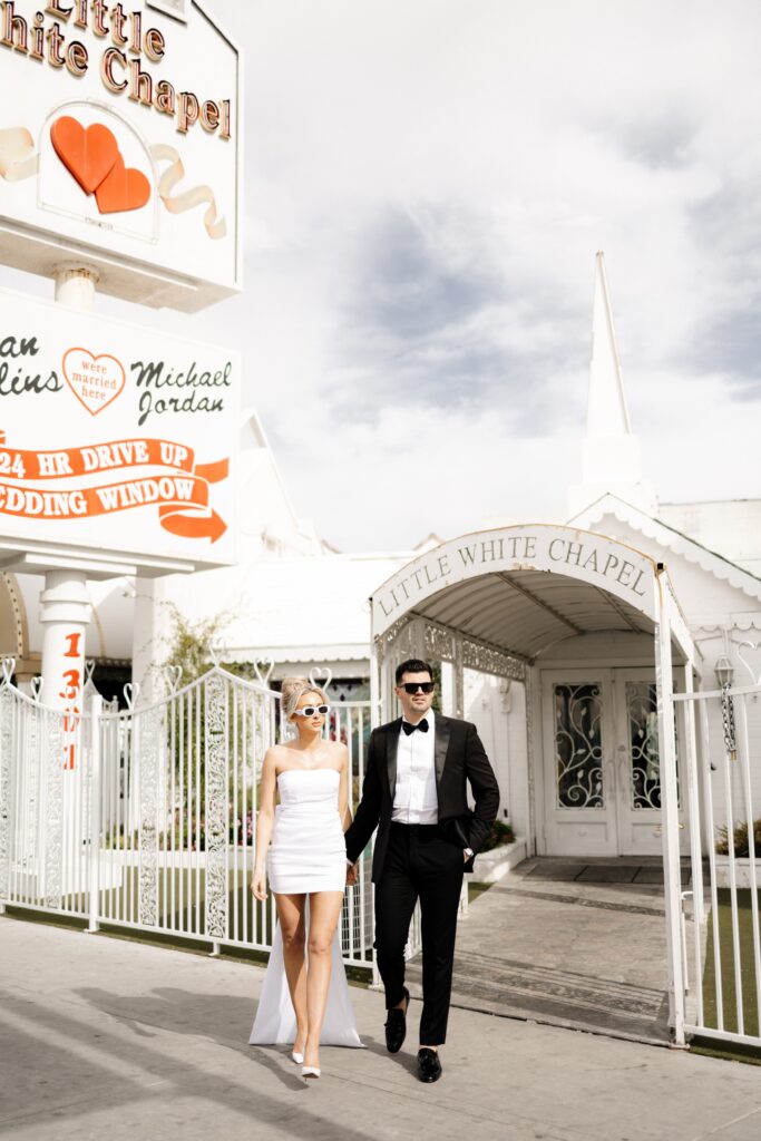 Bride and groom at The Little White Chapel during their elopement in Vegas