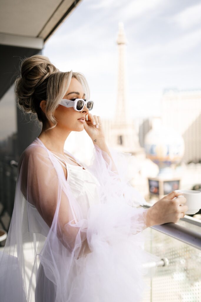 Flash photo of a bride wearing her pajamas at The Cosmopolitan Hotel in Las Vegas