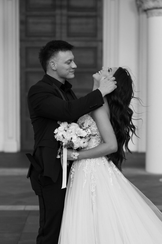 Black and white photo from a bride and grooms photoshoot at The Venetian in Vegas