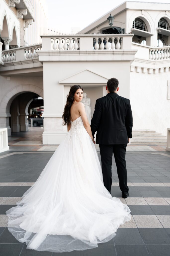 Bride and groom portraits at The Venetian after getting eloped in Las Vegas