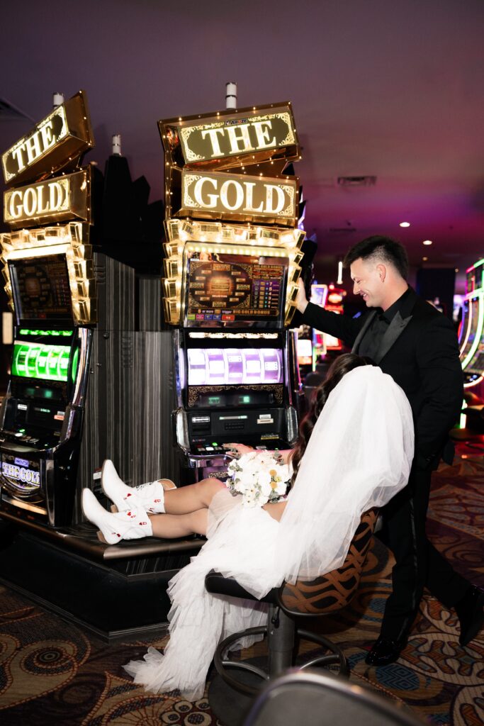 Bride and groom flash portraits at the casino