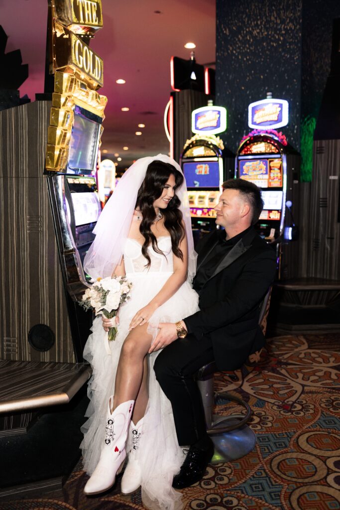 Bride and groom flash portraits at the casino