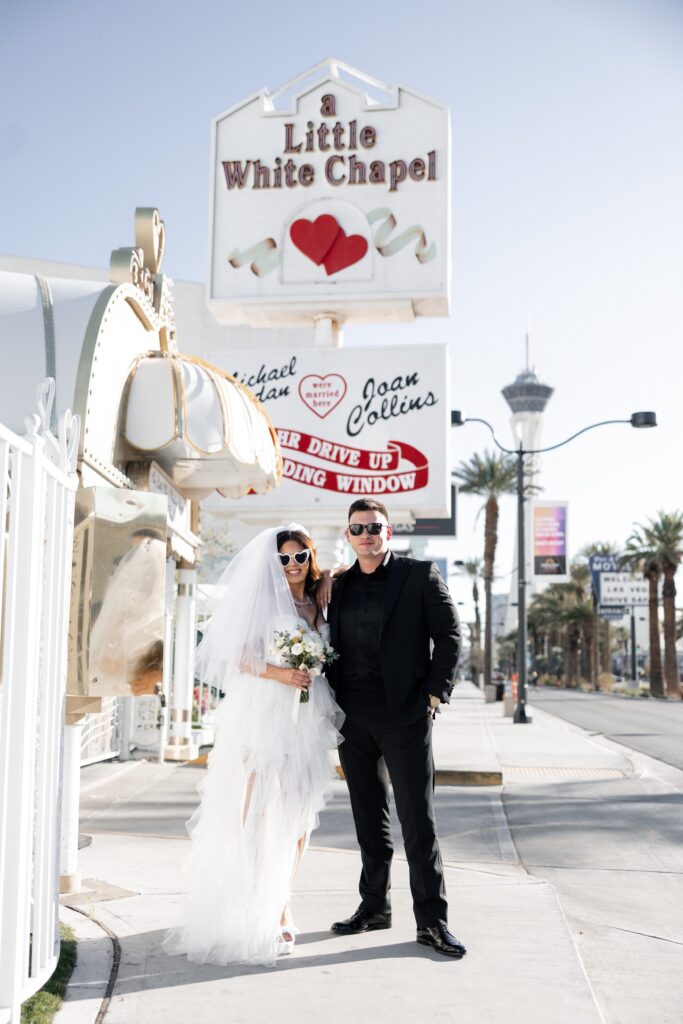 Bride and groom at The Little White Chapel before getting eloped in Las Vegas