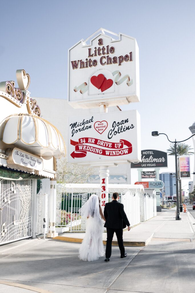 Bride and groom at The Little White Chapel before getting eloped in Las Vegas