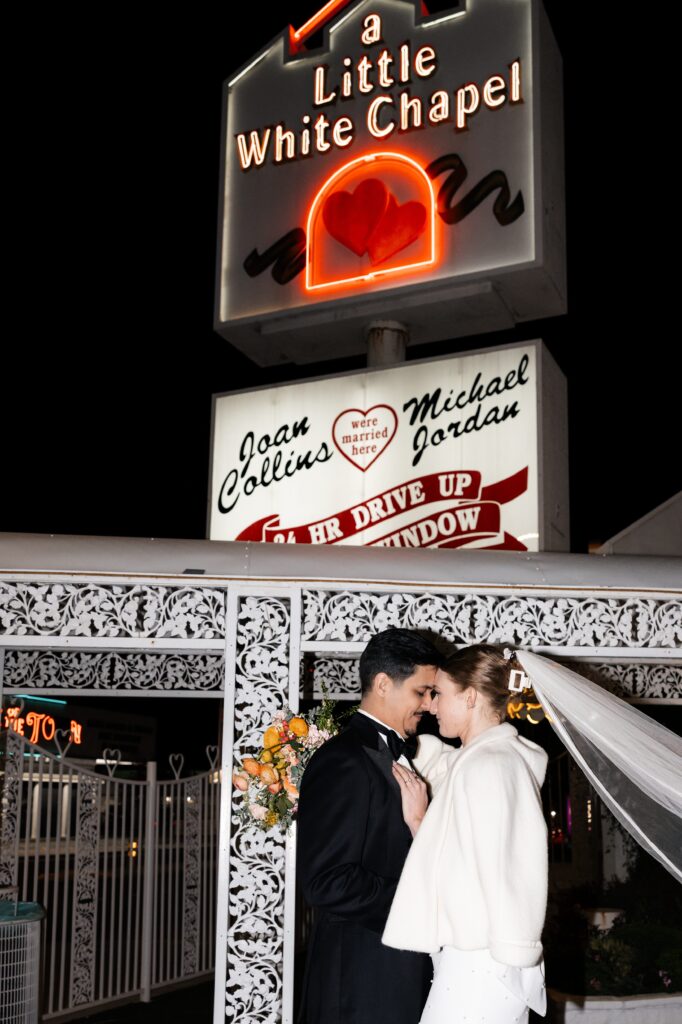 Night Las Vegas elopement wedding portraits at The Little White Chapel