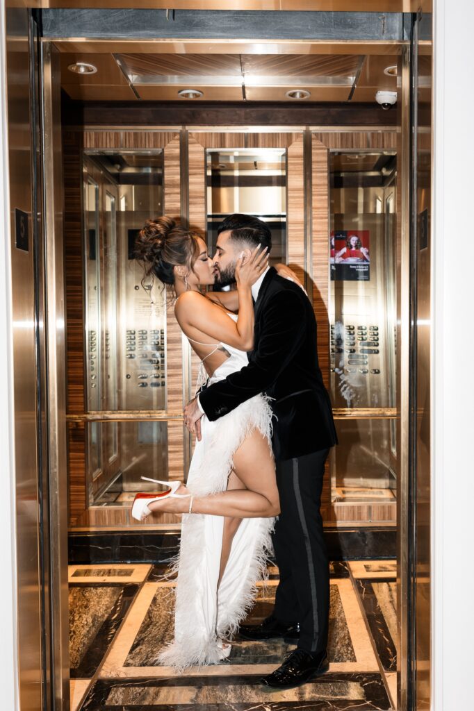Bride and groom portraits in an elevator at Palazzo Hotel in Las Vegas