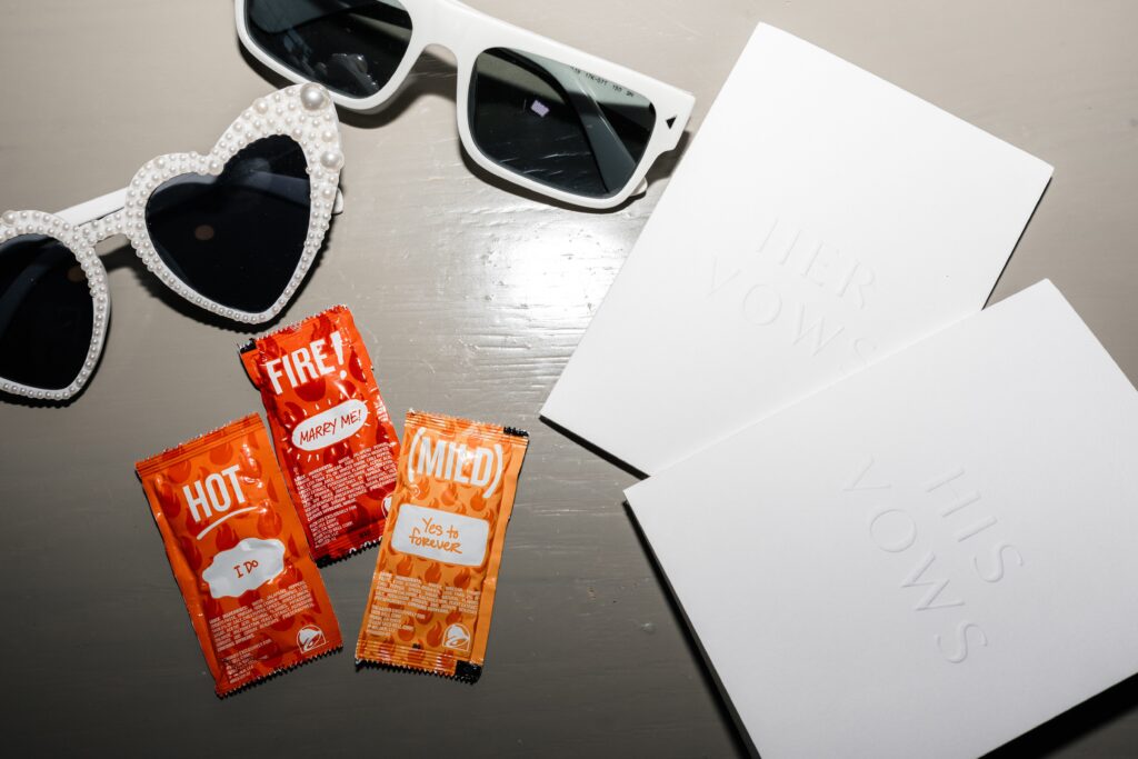 Sunglasses, taco bell sauce packets, and wedding vows from a Taco Bell Las Vegas wedding