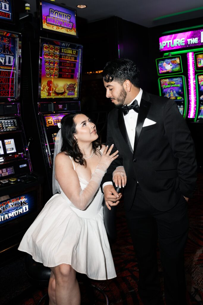 Bride and groom at the D Hotel & Casino in Las Vegas for their casino elopement photos