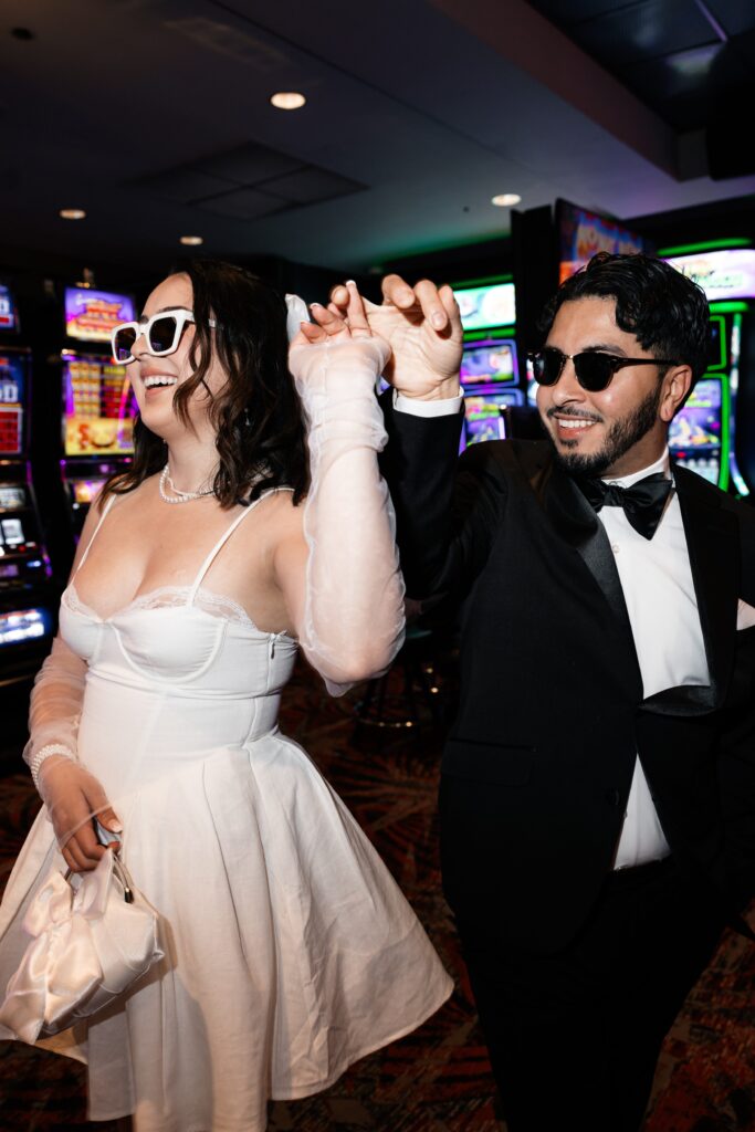 Bride and groom at the D Hotel & Casino in Las Vegas for their casino elopement photos