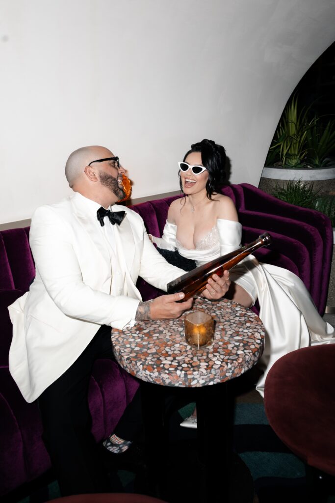 Bride and grooms flash elopement photos at Virgin Hotel in Las Vegas