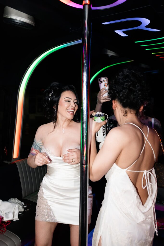 Bride having fun on a Discreet Party Bus in Las Vegas