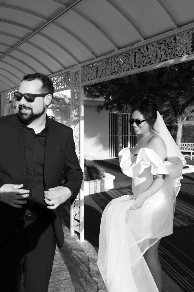 Black and white photo of a bride and groom at The Little White Chapel in Las Vegas