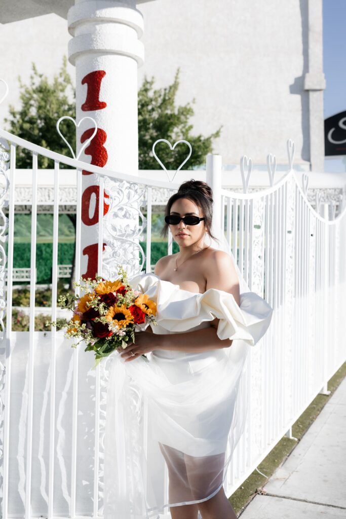 Outdoor bridal portraits at The Little White Wedding Chapel in Las Vegas