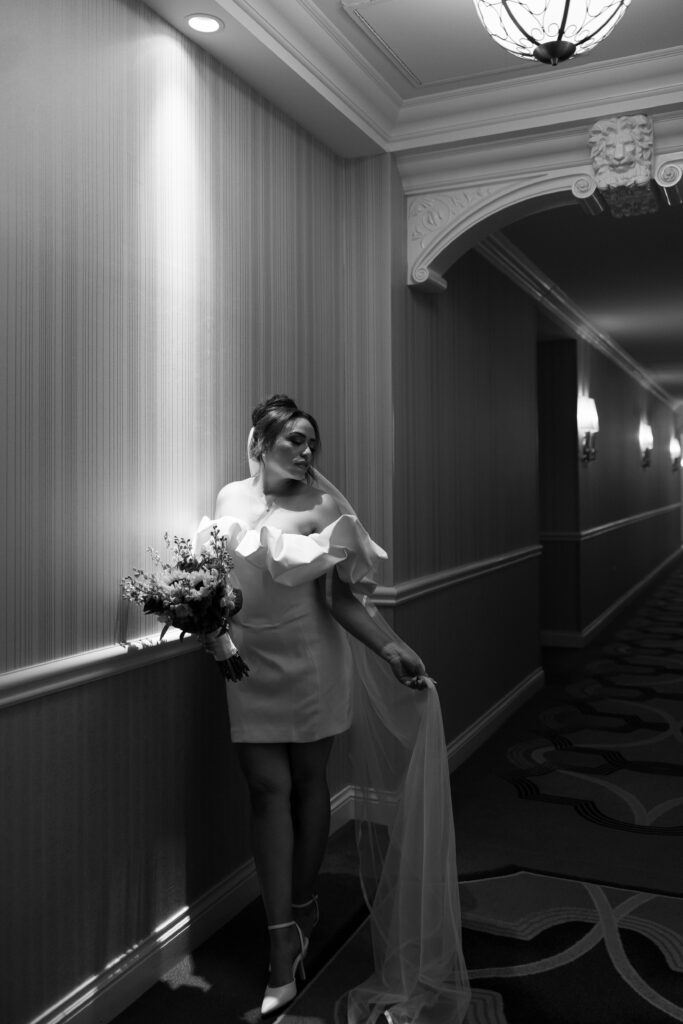 Black and white indoor editorial bridal portraits at The Venetian in Las Vegas