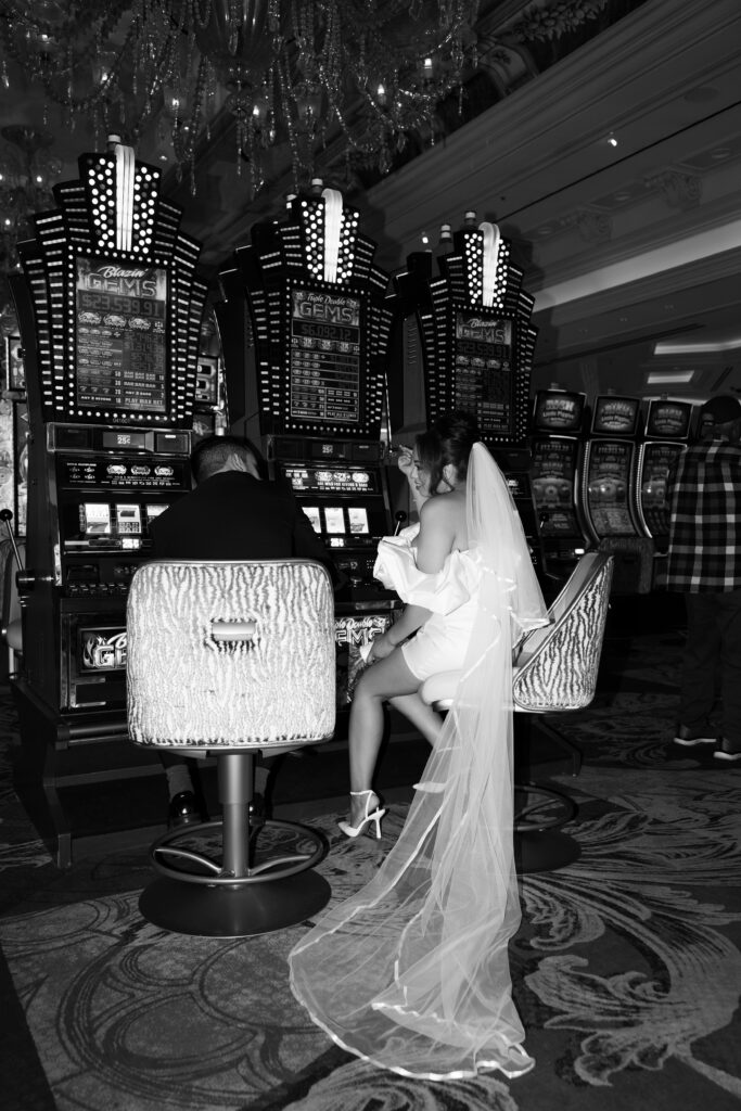 Black and white casino portraits at The Venetian in Las Vegas from an editorial elopement