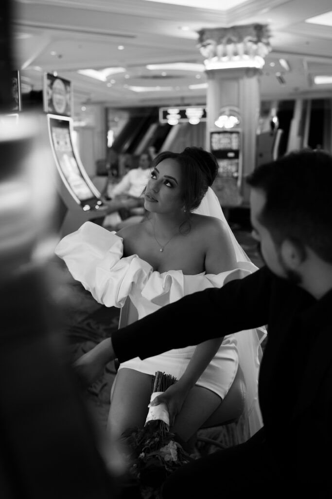 Black and white casino portraits at The Venetian in Las Vegas from an editorial elopement