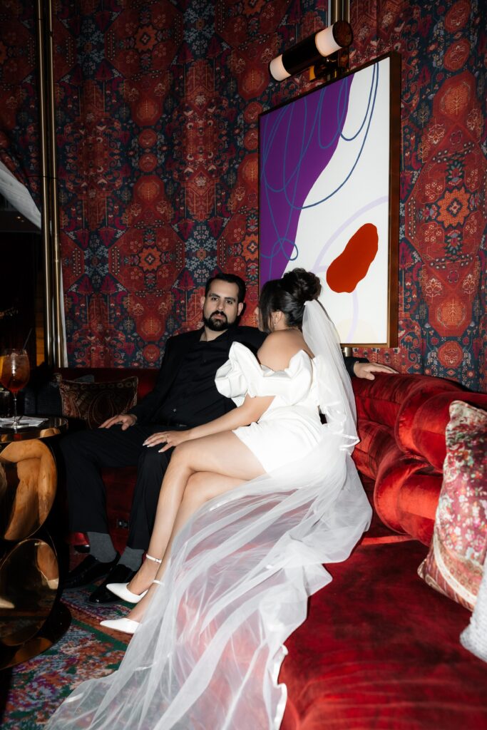 Bride and grooms editorial Las Vegas elopement photos at The Shag Room at Virgin Hotel