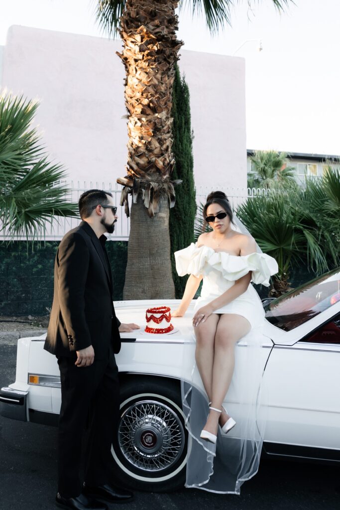 Bride and grooms portraits with a vintage 1985 Cadillac El Dorado in Las Vegas, Nevada