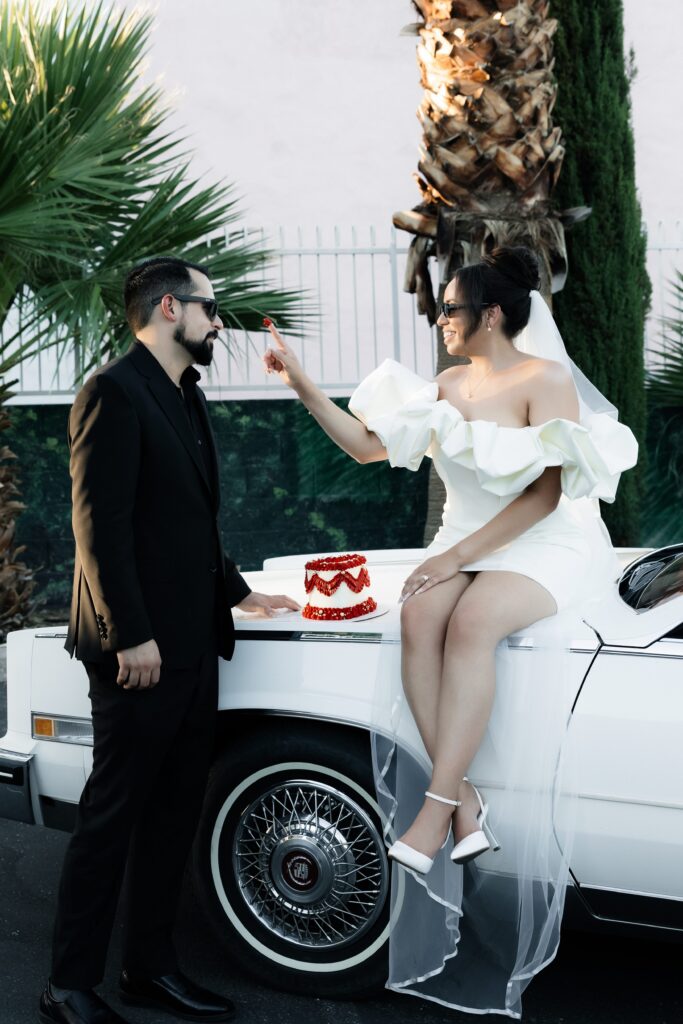 Bride and grooms portraits with a vintage 1985 Cadillac El Dorado in Las Vegas, Nevada