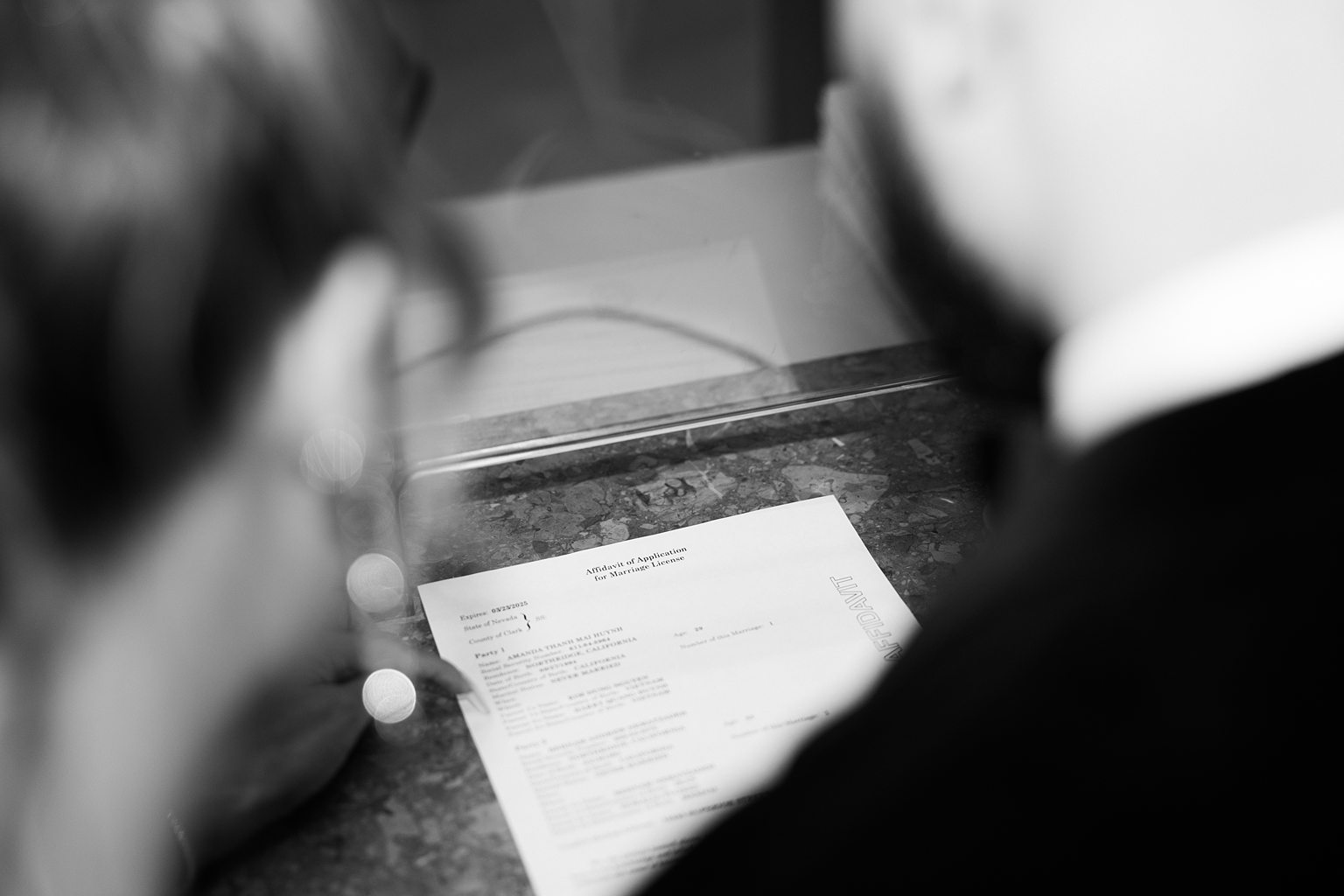 Bride and groom getting their marriage application in Las Vegas