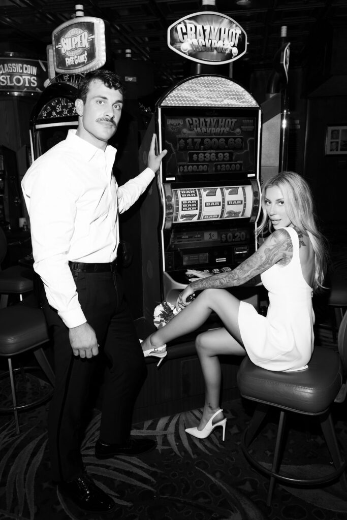 Black and white casino elopement portraits in Las Vegas