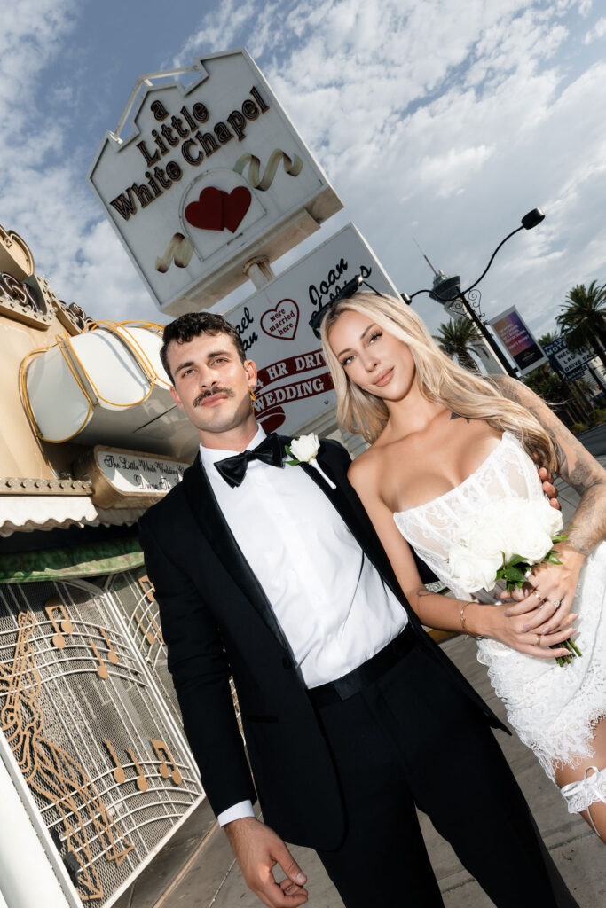 Bride and grooms editorial elopement portraits at The Little White Wedding Chapel