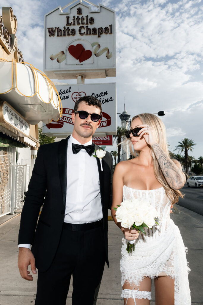 Bride and grooms editorial elopement portraits at The Little White Wedding Chapel