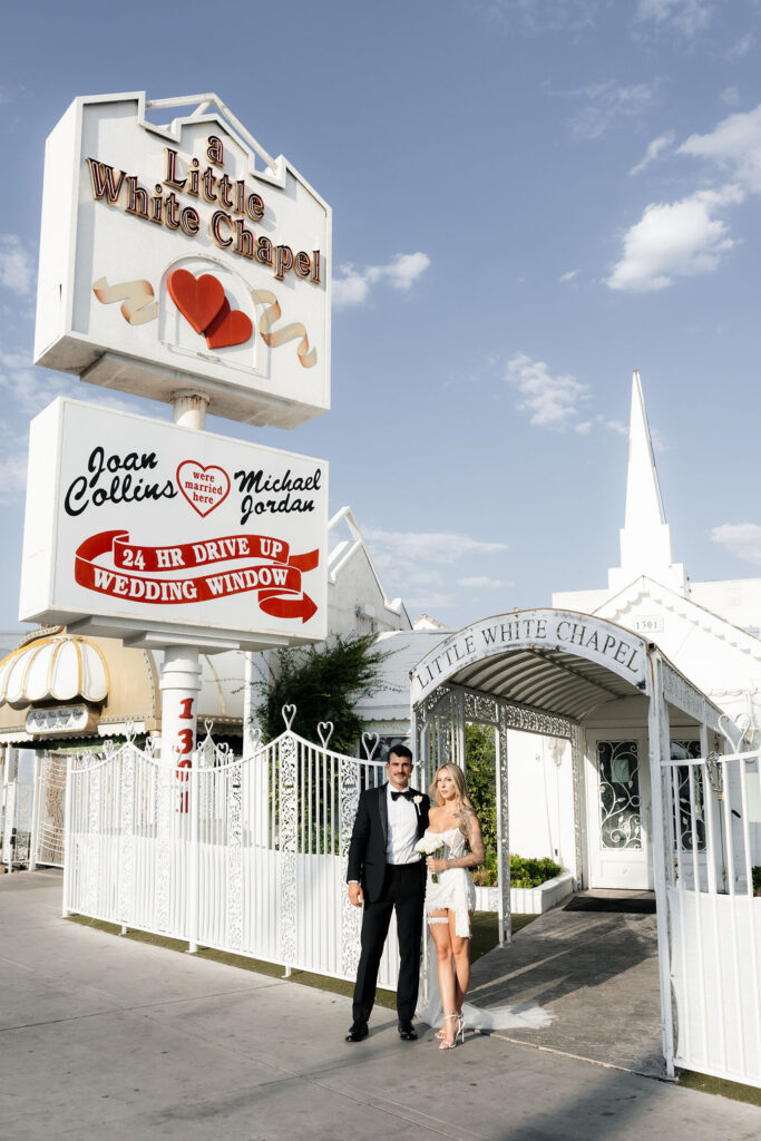 Bride and grooms Little White Wedding Chapel portraits in Las Vegas