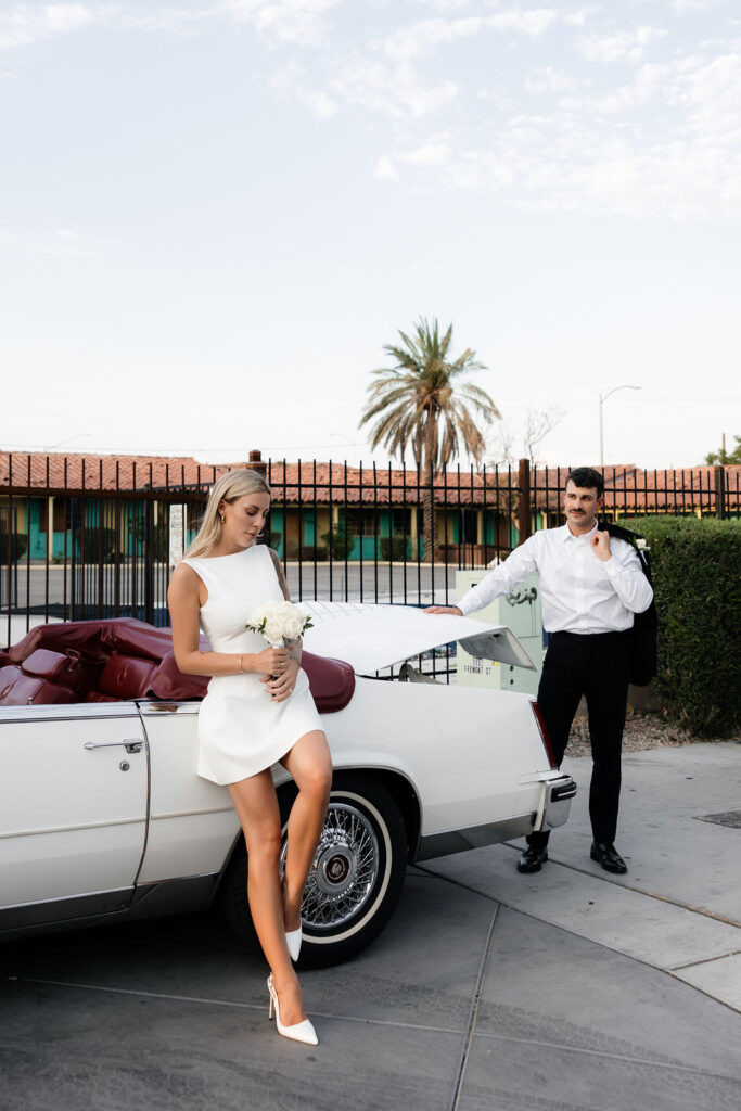 Bride and grooms classic car elopement in Las Vegas