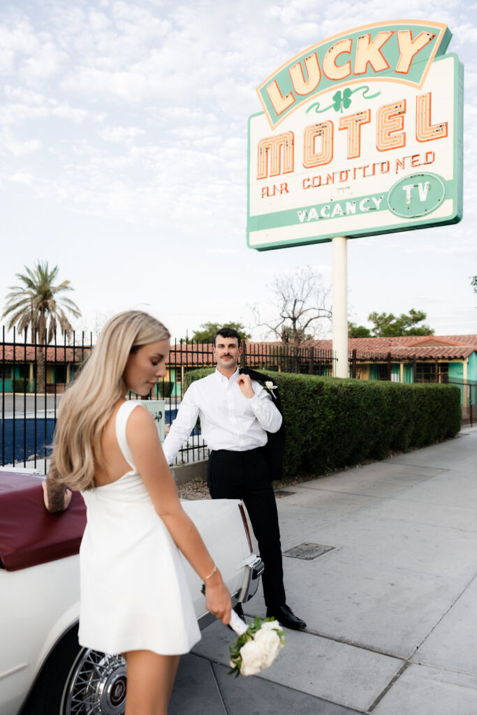 Bride and grooms classic car elopement in Las Vegas