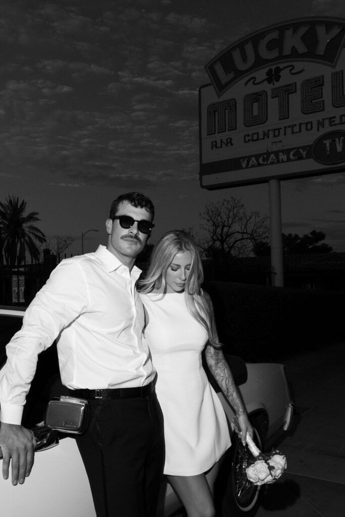 Black and white photo of a bride and groom in Las Vegas