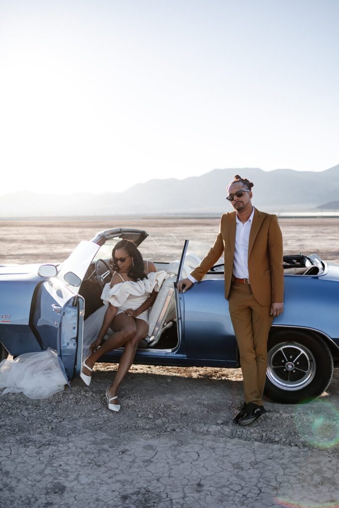 Couple posing for photos at Dry Lake Beds