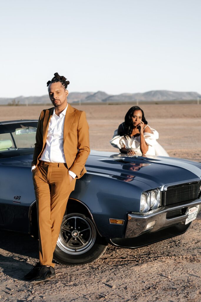 Couple posing for photos at Dry Lake Beds